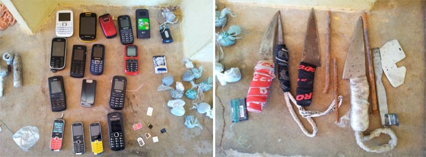 Facas, celulares e drogas foram encontrados durante a revista realizada em Alcaçuz (Foto: Henrique Dovalle/G1)