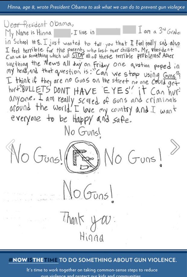 Fac-símile da carta da garota Hinna, de 8 anos, divulgada nesta quarta-feira (16) pela Casa Branca (Foto: Reprodução/Facebook)
