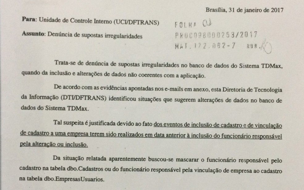 Trecho do relatório do DFTrans que aponta possíveis fraudes no sisema de bilhetagens (Foto: Reprodução)