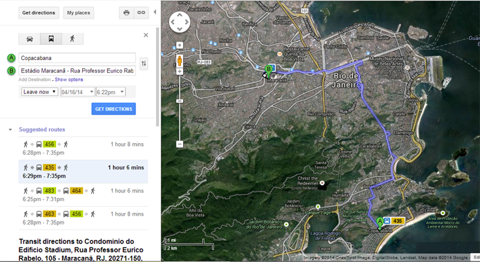 Google Transit permite planejar rotas usando dados de transporte público nas cidades sede da Copa (foto: Reprodução/Google)