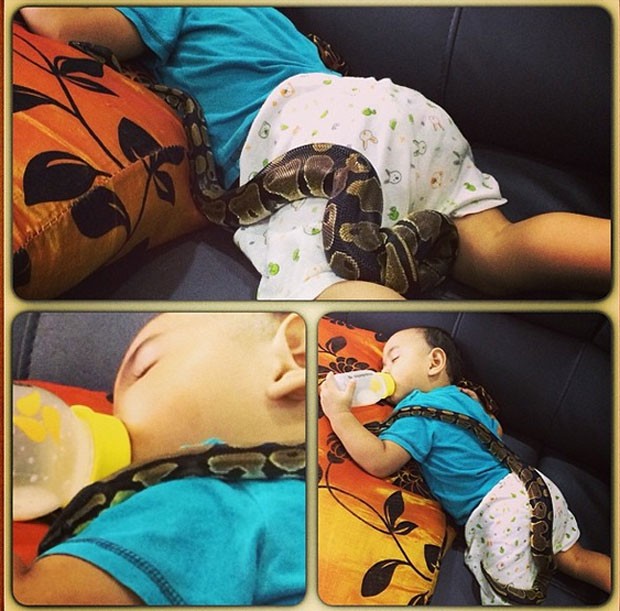 Comediante foi alvo de crticas por postar fotos de cobra enrolada em beb (Foto: Reproduo/ Instagram/Ajak Shiro)