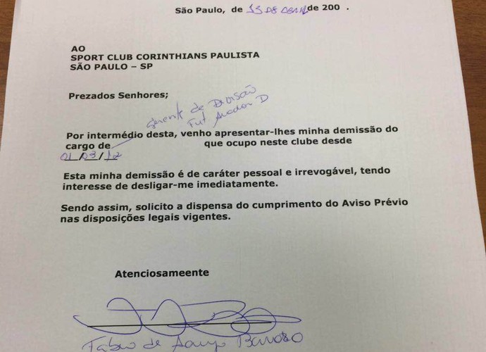 Carta Fábio Barrozo demissão (Foto: Arquivo pessoal)
