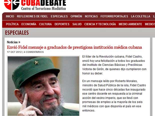 A mensagem de Fidel Castro no site do Cubadebate. (Foto: Reprodução / Cubadebate)