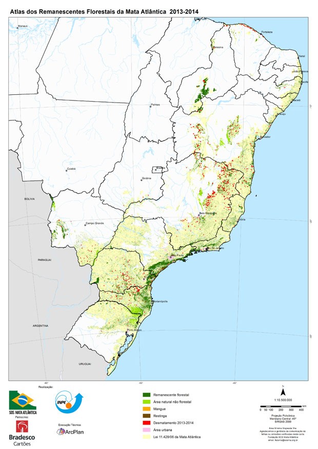 Pontos vermelhos no mapa mostram Ã¡reas de desmatamento no perÃ­odo de 2013 a 2014 (Foto: FundaÃ§Ã£o SOS Mata AtlÃ¢ntica/Inpe/DivulgaÃ§Ã£o)
