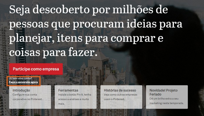 Acesse a página do Pinterest Business para iniciar a conversão da conta (Foto: Reprodução/Barbara Mannara) Acesse a página do Pinterest Business para iniciar a conversão da conta (Foto: Reprodução/Barbara Mannara)