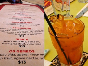 Cardápio com driques em homenagem a grafiteiros no Wynwood Kitchen & Bar, em Miami; à dir., o drinque "Os Gemeos" (Foto: Flávia Mantovani/G1)