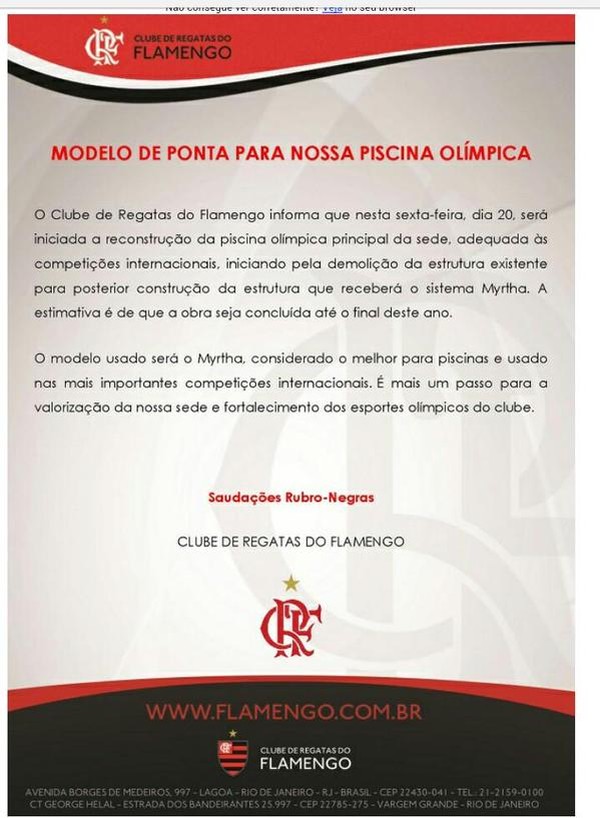 Nota oficial do Flamengo anunciando o início das obras da piscina (Foto: Divulgação/Flamengo)