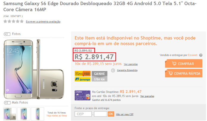 Galaxy S6 Edge tem preço reduzindo em 5 centavos (Foto: Reprodução/Isabela Giantomaso) Galaxy S6 Edge tem preço reduzindo em 5 centavos (Foto: Reprodução/Isabela Giantomaso)