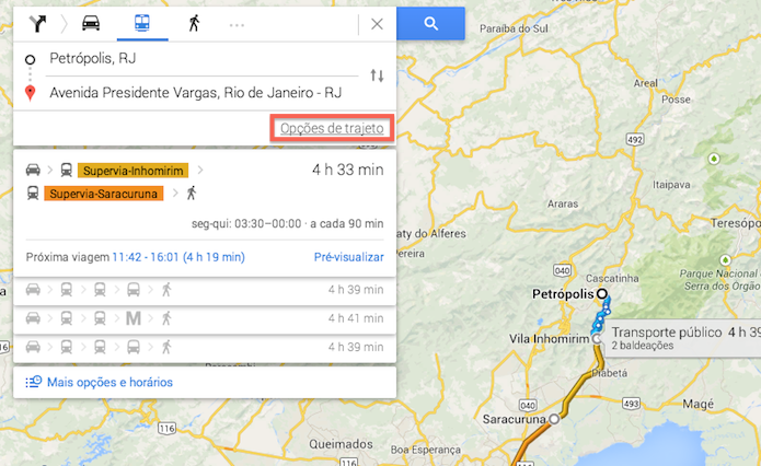 Visualizando as opções de trajeto no Google Maps (Foto: Reprodução/Marvin Costa)