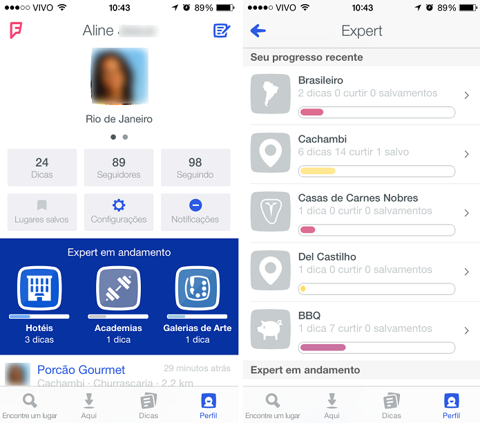 Perfil do Foursquare mostra quanto expert em dicas o usuário é (Foto: Reprodução/Aline Jesus)