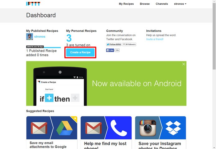 Faça o login no IFTTT e clique no comando em destaque na figura (Foto: Reprodução/Daniel Ribeiro)