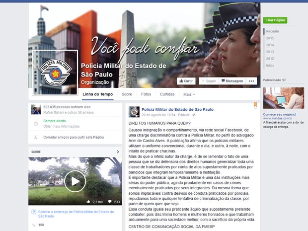 Nota da Polícia Militar de São Paulo em sua página no Facebook (Foto: Reprodução/Facebook/PMESP)