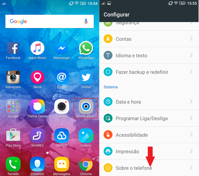 VÃ¡ atÃ© as configuraÃ§Ãµes do celular e clique em "Sobre o dispositivo" (Foto: ReproduÃ§Ã£o/Caio Bersot)