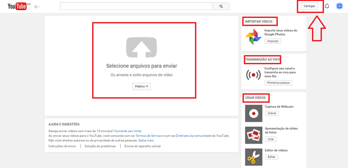Clique em "Carregar" para adicionar seu primeiro vídeo (Foto: Reprodução/Juliana Pixinine)