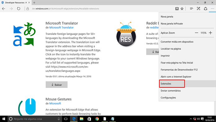 Extensões do Microsoft Edge precisam ser ativadas após instaladas (Foto: Reprodução/Elson de Souza)