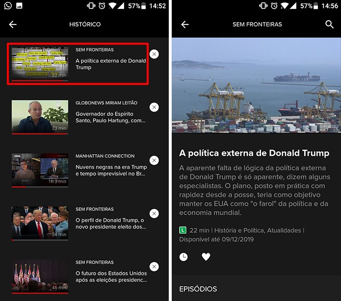 Globosat Play permite que usuário continue de onde parou a partir do histórico (Foto: Reprodução/Elson de Souza)