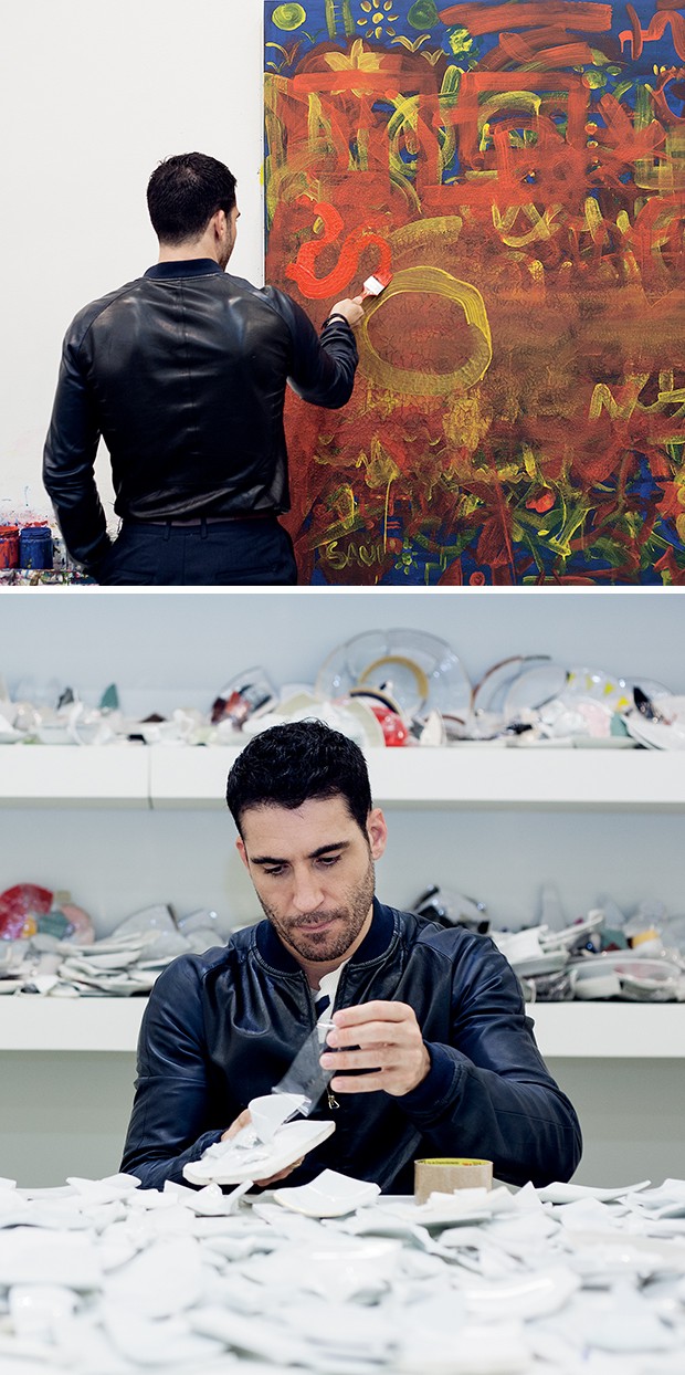 No alto, Miguel adiciona um pouco de paixão à tela, com a tinta vermelha na obra Pintura para Colorir. Acima, na Peça Remendo, ele cola vários pedaços de louças com fita adesiva (Foto: )