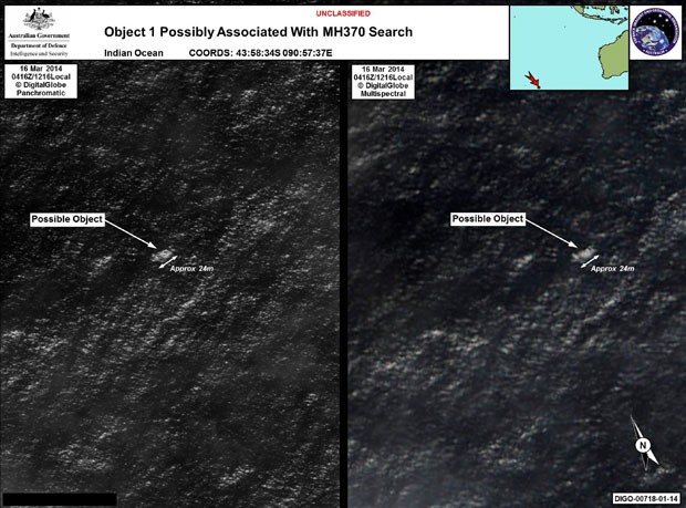Imagens de satlite divulgadas pelo governo australiano mostram objetos achados no oceano que poderiam ser os destroos do voo MH370 da Malaysian Airlines, desaparecido desde 8 de maro (Foto: Australian Government's Department of Defence via the Australian Maritime Safety Authority/AFP)