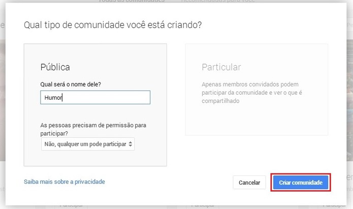 Defina um título, selecione se sua comunidade será Pública ou Particular e configure permissões antes de terminar o processo (Foto: Reprodução/Paulo Figueiredo) Defina um título, selecione se sua comunidade será Pública ou Particular e configure permissões antes de terminar o processo (Foto: Reprodução/Paulo Figueiredo)