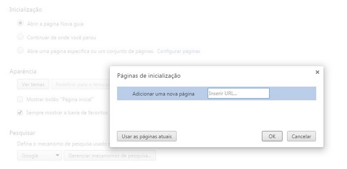 Janela para definir páginas de Inicialização no Chrome (Foto: Reprodução/Raquel Freire)
