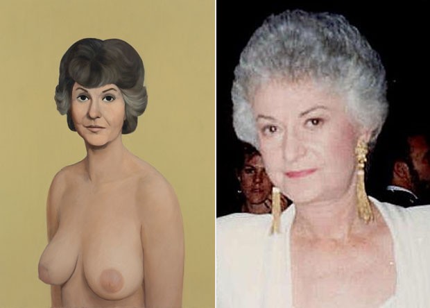 Obra de Currin é baseada em imagem da atriz de televisão Beatrice Arthur sem roupas (Foto: Christie’s Auction House/AP e Wikimedia Commons)