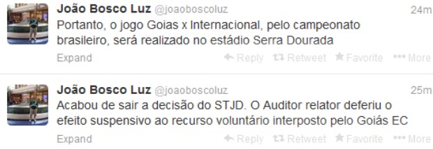 João Bosco Luz, presidente do Goiás, sobre efeito suspensivo (Foto: Reprodução/Twitter) João Bosco Luz, presidente do Goiás, sobre efeito suspensivo (Foto: Reprodução/Twitter)