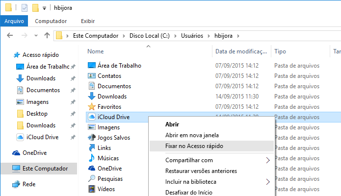 Fixando atalho para o iCloud Drive (Foto: Reprodução/Helito Bijora)