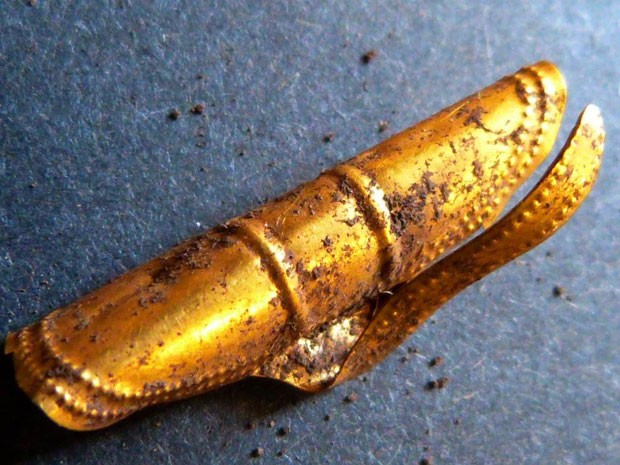 A presilha mede apenas 3,3 cm e é de ouro; brilho chamou a atenção das crianças (Foto: North Pennines AONB/BBC)