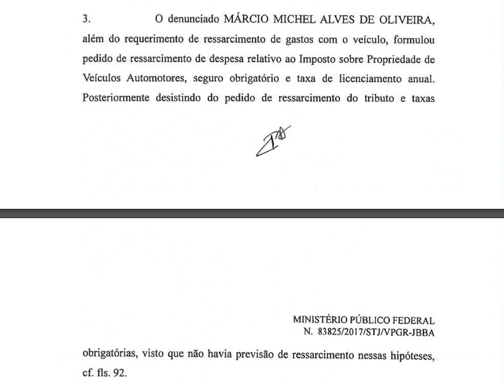 Trecho de denúncia da PGR acusa Dr. Michel de ter tentado até ressarcimento de gasto com IPVA e taxa de licenciamento (Foto: Reprodução)