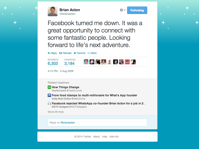Brian Acton comenta a rejeição do Facebook no Twitter, em agosto de 2009 (Foto: Reprodução/Twitter)