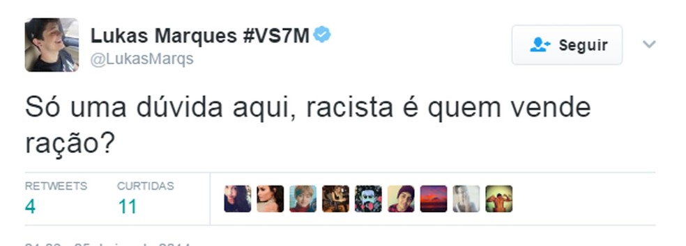 Lukas Marques faz postagem no Twiiter sobre racismo (Foto: Reprodução/Twitter)