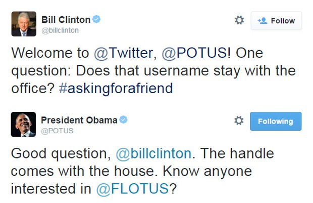 Presidentes americanos Barack Obama e Bill Clinton conversam através do Twitter (Foto: Reprodução/Twitter) Presidentes americanos Barack Obama e Bill Clinton conversam através do Twitter (Foto: Reprodução/Twitter)