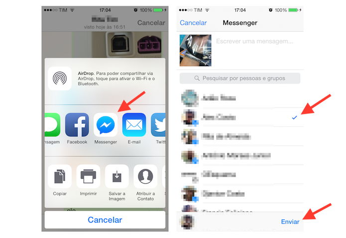 Enviando uma foto recebida no WhatsApp para um contato do Facebook Messenger no iPhone (Foto: Reprodução/Marvin Costa)