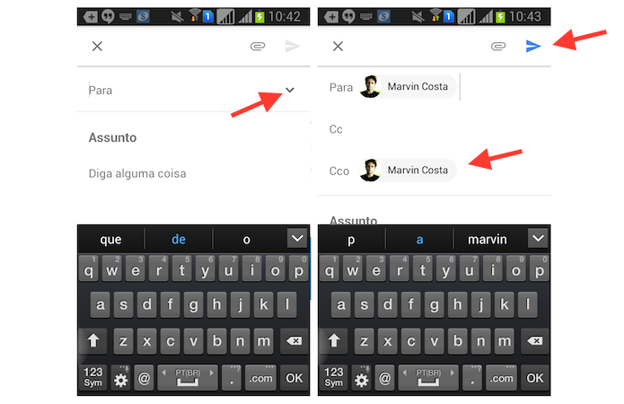 Acessando a opção para enviar e-mails com cópia oculta no Inbox for Gmail pelo celular (Foto: Reprodução/Marvin Costa)