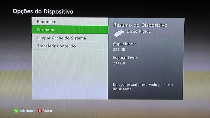 Selecione formatar para apagar os dados do Xbox 360 (Foto: Reprodução/Tais Carvalho)