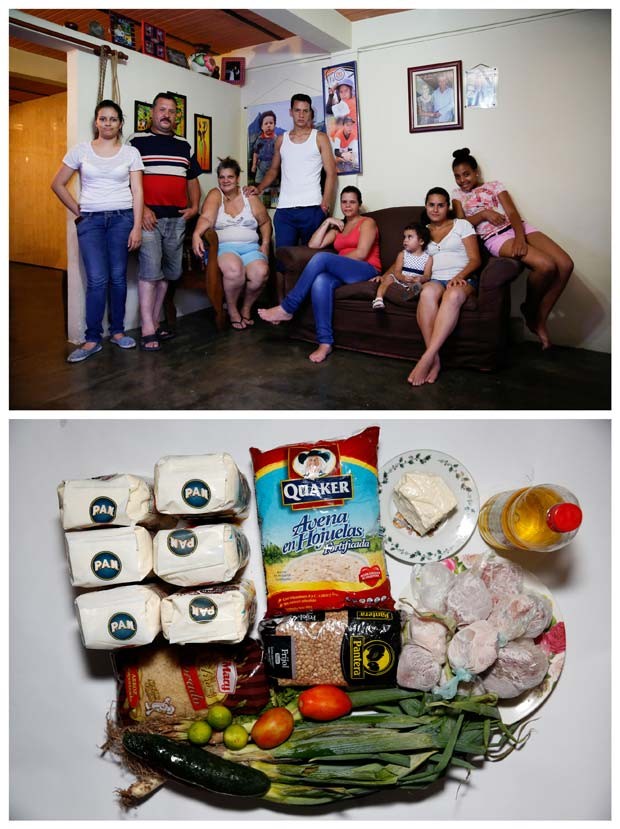 Natalia Guerra ao lado de seus familiares em sua casa em Caracas; abaixo, as comidas encontradas em sua casa (Foto: REUTERS/Carlos Garcia Rawlins)