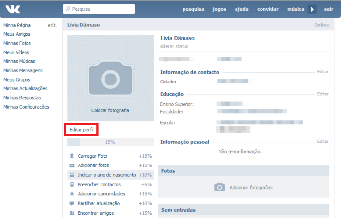 Completando o perfil no VK (Foto: Reprodução/Lívia Dâmaso)