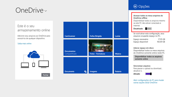 OneDrive para Windows 8 também oferece a opção de tornar todos os arquivos offline (Foto: Reprodução/Elson de Souza)