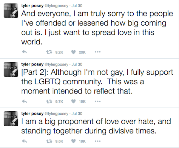 O pedido de desculpas do ator Tyler Posey (Foto: Twitter)