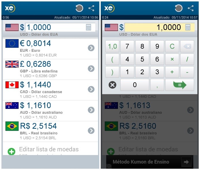XE Currency é um aplicativo que informa as cotações de moedas em tempo real e faz conversões (Foto: Reprodução/Lívia Dâmaso)