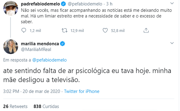 Marília Mendonça concorda com Padre Fábio de Melo (Foto: Reprodução/Twitter) Marília Mendonça concorda com Padre Fábio de Melo (Foto: Reprodução/Twitter)