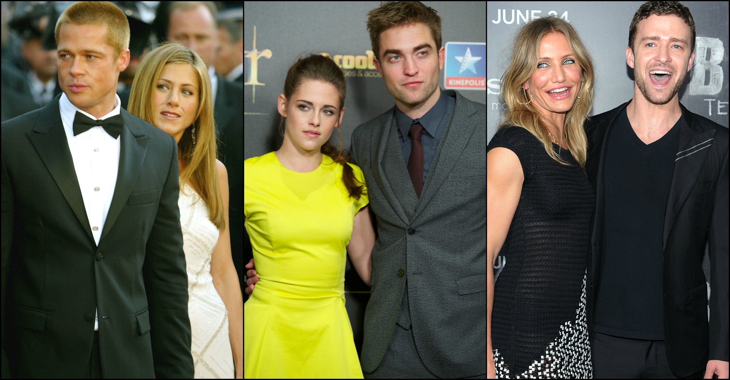 Brad Pitt com Jennifer Aniston, Kristen Stewart com Robert Pattinson e Cameron Diaz com Justin Timberlake (Foto: Getty Images)