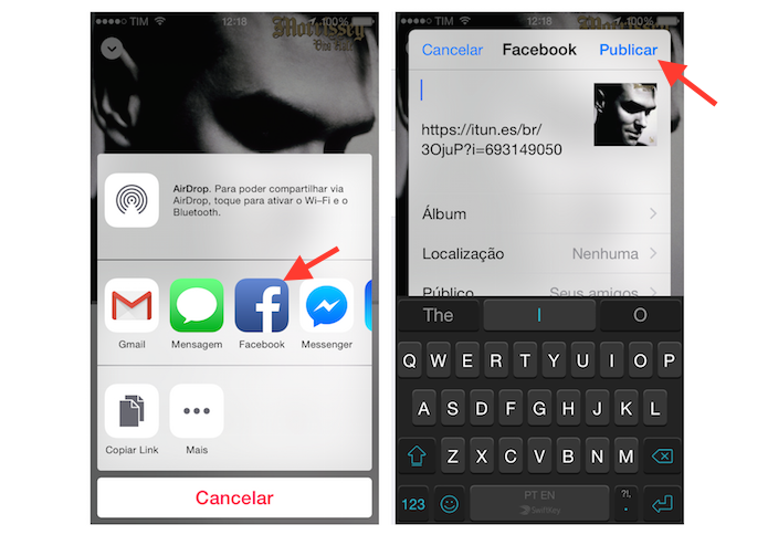 Compartilhando uma música do Apple Music no Facebook através do player do serviço para iPhone (Foto: Reprodução/Marvin Costa)
