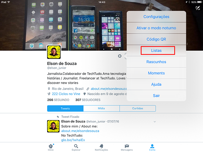 Toque na opção listas para criar um grupo de contas no Twitter para iOS (Foto: Reprodução/Elson de Souza) (Foto: Toque na opção listas para criar um grupo de contas no Twitter para iOS (Foto: Reprodução/Elson de Souza)) Toque na opção listas para criar um grupo de contas no Twitter para iOS (Foto: Reprodução/Elson de Souza) (Foto: Toque na opção listas para criar um grupo de contas no Twitter para iOS (Foto: Reprodução/Elson de Souza))