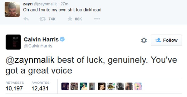 Zayn Malik chama Calvin Harris de 'babaca' em discusso no Twitter (Foto: Reproduo / Twitter)