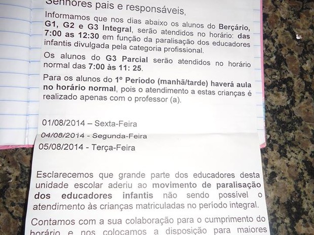 Pais receberam aviso da paralisação (Foto: maria Inês/Divulgação)