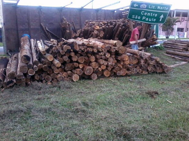 Caminhão carregado com madeira tomba no acesso à Dutra em Taubaté (Foto: Edgar Rocha/ TV Vanguarda)