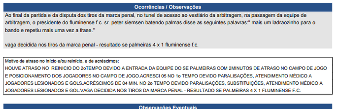 Súmula Palmeiras x Fluminense (Foto: Reprodução)