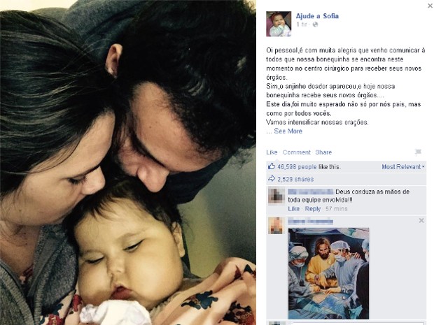 Início da cirurgia da bebê Sofia foi anunciada pela mãe na rede social (Foto: Reprodução/Facebook)