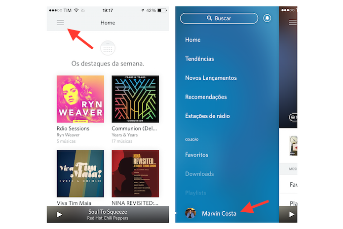 Acessando o perfil de usuário do Rdio para iPhone (Foto: Reprodução/Marvin Costa)